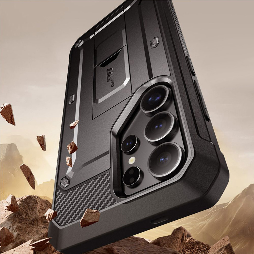 Etui pancerne z osłoną na ekran, z wbudowaną podstawką i kaburą z klipsem obrotowym Supcase Unicorn Beetle Pro do Galaxy S25 Ultra, czarne